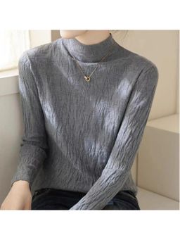 Outzidr - Grey Textured High Neck Knit Top
