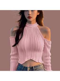 Outzidr - Pink Cold Shoulder Flat Knit Top