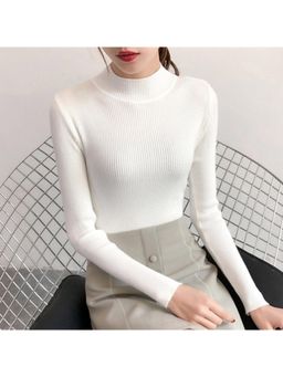 Outzidr - White High Neck Flat Knit Top