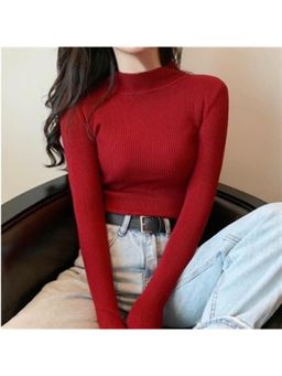 Outzidr - Red High Neck Flat Knit Top 2032