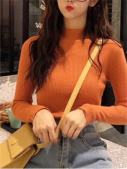 Outzidr - Orange High Neck Flat Knit Top