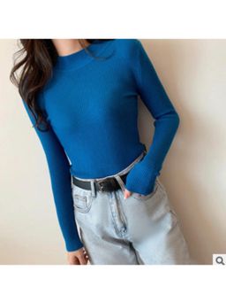 Outzidr - Teal High Neck Flat Knit Top