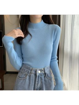 Outzidr - Aqua High Neck Flat Knit Top