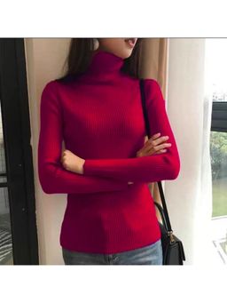 Outzidr - Red Turtle Neck Flat Knit Top