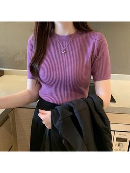 Outzidr - Purple High Neck Short Sleeves Top