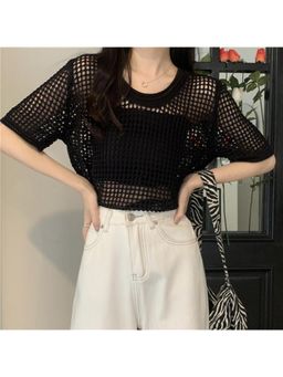 Outzidr - Black Short Sleeve Crochet Top