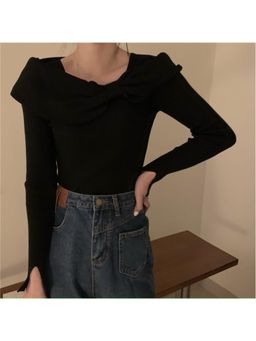 Outzidr - Black Flat Knit Bow Top