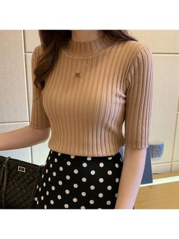 Outzidr - Khaki High Neck Short Sleeve Top