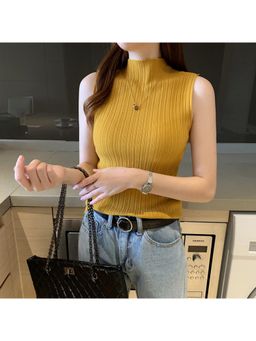Outzidr - Yellow High Neck Flat Knit Top 5
