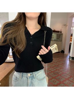 Outzidr - Black Collared Button Knit Top