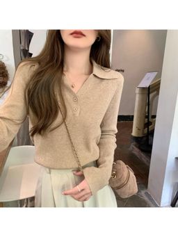 Outzidr - Khaki Collared Knit Top 1457