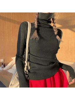 Outzidr - Black High Turtle Neck Flat Knit Top