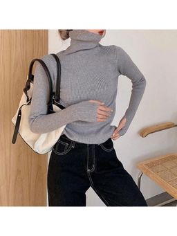 Outzidr - Grey Turtle Neck Flat Knit Top