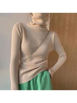 Outzidr - Light Beige Turtle Neck Flat Knit Top