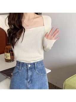 Outzidr - Cream Square Neck Top