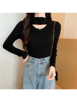 Outzidr - Black Cut Out Knit Top