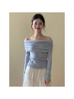 Outzidr - Blue Off-Shoulder Knit Top