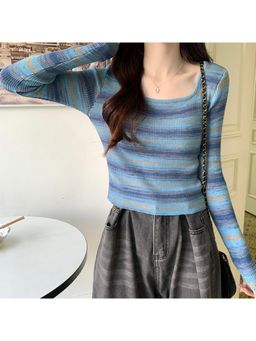 Outzidr - Blue Striped Flat Knit Top