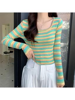 Outzidr - Green Striped Flat Knit Top