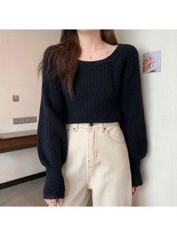 Outzidr - Black Oversized Sweater Knit Top