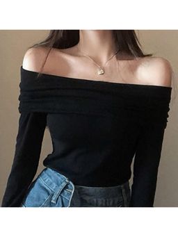 Outzidr - Black Off Shoulder Flat Knit Top