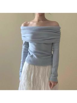 Outzidr - Blue Off Shoulder Flat Knit Top