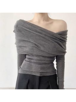 Outzidr - Grey Off Shoulder Flat Knit Top