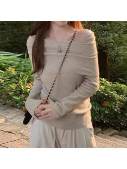 Outzidr - Beige Off Shoulder Flat Knit Top