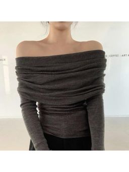 Outzidr - Charcoal Off Shoulder Flat Knit Top
