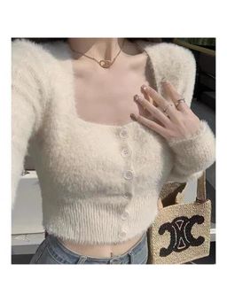 Outzidr - White Square Neck Fuzzy Top