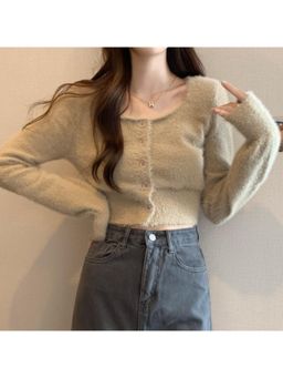 Outzidr - Beige Square Neck Fuzzy Top