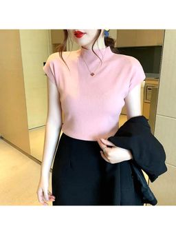 Outzidr - Pink High Neck Knit Top