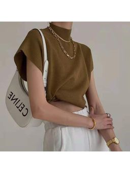 Outzidr - Khaki High Neck Short Sleeves Top