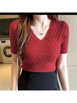 Outzidr - Red V Neck Sweater Top