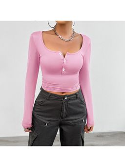 Outzidr - Pink Basic Button Down Knit Top