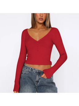 Outzidr - Red Buttoned Down V Neck Top