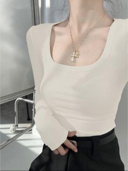 Outzidr - Beige Square Neck Ribbed Top