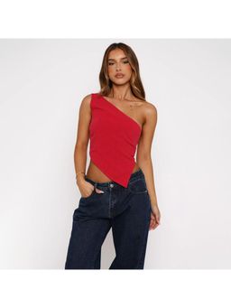 Outzidr - Red One Shoulder Asymmetric Hem Crop Top