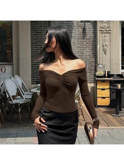 Outzidr - Brown Off Shoulder Front Knot Top