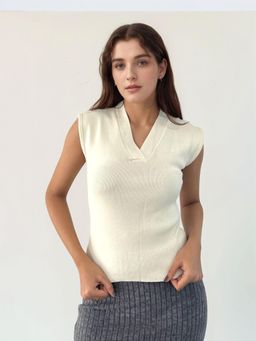 Outzidr - Off White V Neck Cap Sleeve Top