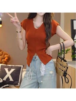 Outzidr - Rust V Neck Front Hem Slit Fitted Top