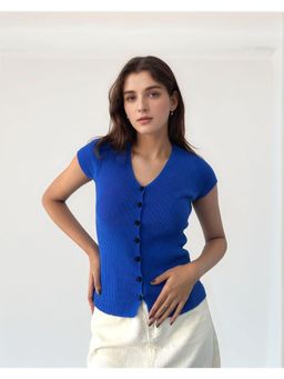 Outzidr - Blue V Neck Button Through Cap Sleeve Top