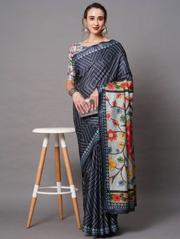 Odette - Navy Blue Festive Dole Silk Printed Saree with Unstitched Blouse