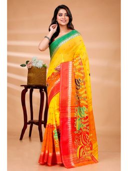 DipDiya - Yellow Red Emba Ganga Embroidered Saree with Unstitched Blouse