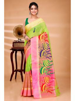 DipDiya - Light Green Emba Ganga Embroidered Saree with Unstitched Blouse