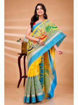 DipDiya - Light Yellow Emba Ganga Embroidered Saree with Unstitched Blouse