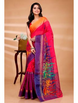 DipDiya - Pink Emba Ganga Tant Saree with Unstitched Blouse