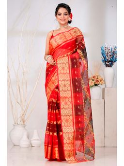 DipDiya - Red Sonajhuri Tant Saree with Unstitched Blouse