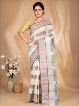 DipDiya - Off-White Traditional Bengal Stripes Saree with Unstitched Blouse