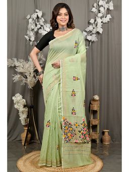 DipDiya - Lime Green Daki Kantha Saree with Unstitched Blouse